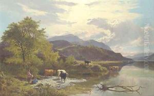 Mountain landscape with figures and cattle by a lake Mountain landscape with figures and cattle by a lake