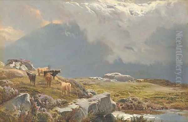 Highland cattle in a mountainous landscape - view 1