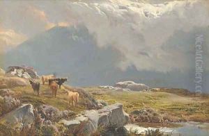 Highland cattle in a mountainous landscape by Sidney Richard Percy