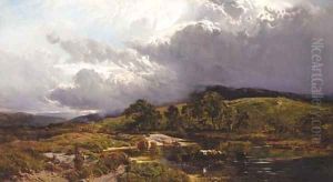 Figures resting by a river with cattle watering, an approaching storm beyond