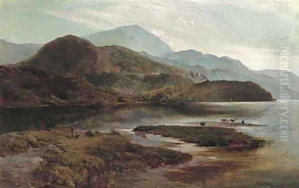 Cattle watering in a mountainous landscape - view 1