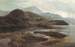Cattle watering in a mountainous landscape by Sidney Richard Percy