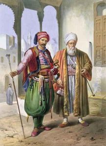 A Janissary and a Merchant in Cairo, illustration from The Valley of the Nile, engraved by Charles Bour 1814-81 pub. by Lemercier, 1848 by Emile Prisse d'Avennes
