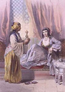 A Cairene Woman waited upon by a Galla Slave Girl, illustration from The Valley of the Nile, engraved by Mouilleron, pub. by Lemercier, 1848 by Emile Prisse d'Avennes
