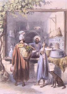A Zeyat or Oil Seller with Customers in his Shop in Cairo, illustration from The Valley of the Nile, engraved by Mouilleron, pub. by Lemercier, 1848 by Emile Prisse d'Avennes