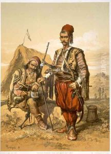 Turkish foot soldiers in the Ottoman army, pub. by Lemercier, c.1857 by Amadeo Preziosi