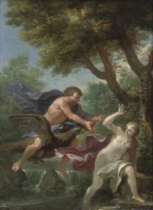 A Wooded River Landscape With Jupiter Chasing A River Nymph by Cirlce Of Filippo Lauri