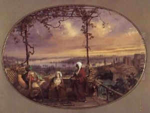 View from terrace of a house in Galata, with a Turk, his wife and servant looking towards the mouth of the Golden Horn and Bosphorus by Amadeo Preziosi