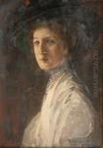 Bust Length Portrait Of Mrs Baker Wearing A Hat by John Lavery