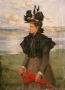 Showing Lady Holding Red Parasol Standing Before Irish Lough by John Lavery