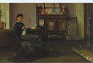 A Lady Sewing In A Parlour (jane Lavery?) by John Lavery