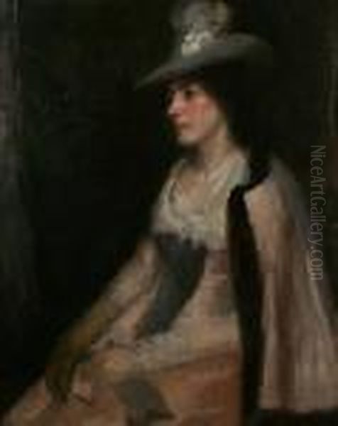 Portrait Of A Lady, Seated, Wearing Pink Dress And Cape, And A Grey Hat - view 1