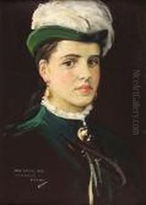 Head And Shoulders Portrait Of Jane Lavery In Green, With Plumed Hat by John Lavery