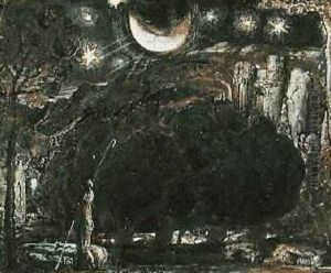 A Shepherd and his Flock under the Moon and Stars, c.1827 by Samuel Palmer