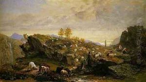 Rustics with Sheep and Goats in a Rocky Landscape
