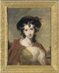 Portrait Of A Young Girl, 
Bust-length, In A Green Dress And Redshawl, With A Brown Hat, A 
Landscape Beyond by Sir Thomas Lawrence