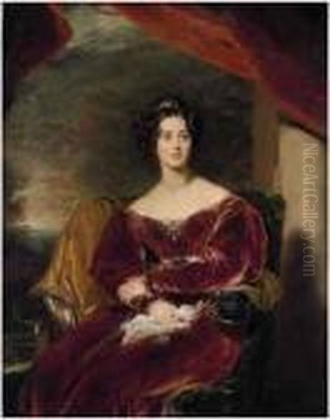 Portrait Of Mary, Countess Of 
Wilton (1801-1858),three-quarter-length, Seated, In A Red Velvet Dress 
With A Brooch,a Landscape Beyond - view 1