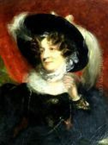 Portrait Of A Lady Wearing Plumed Bonnet And Black Dress With Lacecollar - view 1