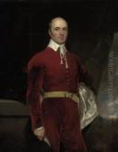 Portrait Of A Gentleman,
Three-quarter-length, In A Red Coat Andwhite Shirt, Standing Beside A
Table, A Landscape Beyond by Sir Thomas Lawrence