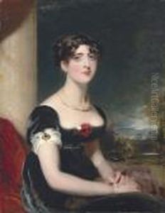 Portrait Of Eliza Fitzroy, 
Half-length, Seated, In A Black Dress With Red And White Roses, A 
Jewelled Brooch And A Chain Of Gold And Pearls, At A Window Casement, A 
Mountainous Landscape Beyond