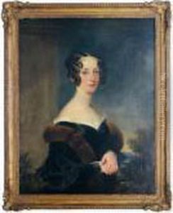 Portrait Of A Lady, Wearing A Fur Stole, A Landscape Beyond