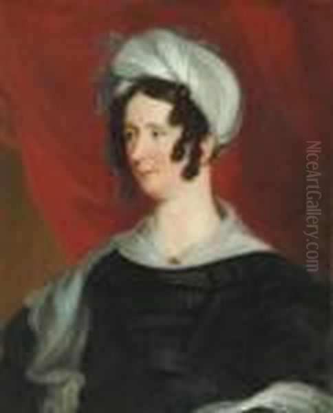 Portrait Of A Lady Wearing A White Turban And Black Dress With Lace Trim - view 1
