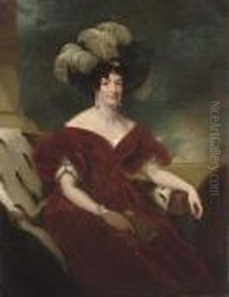 Portrait Of A Lady, 
Three-quarter-length, Seated In A Red Velvetdress, And A Black Plumed 
Hat - view 1