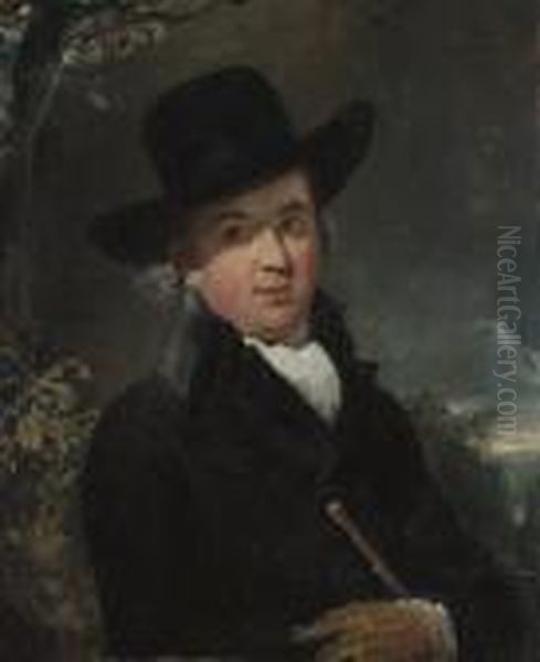 Portrait Of The Rev. Andrew
Lawrence (1755-1821), Half-length, In A Dark Coat And Hat, Holding A
Cane, In A Landscape - view 1