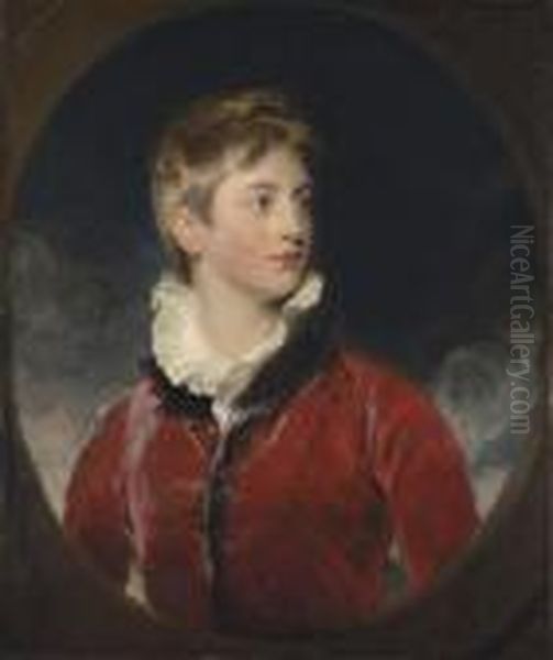 Portrait Of Frederick William
Stewart, 4th Marquess Of Londonderry,k.p., M.p. (1805-1872), When A Boy,
Half-length, In A Red Coat, Ina Feigned Oval - view 1