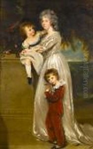 Portrait Of Mrs Arthur Annesley,
Standing Full-length, In A White Satin Dress With Two Of Her Children,
One In A Red Skeleton Suit Holding A Rabbit, The Other Seated On A Stone
Plinth by Sir Thomas Lawrence