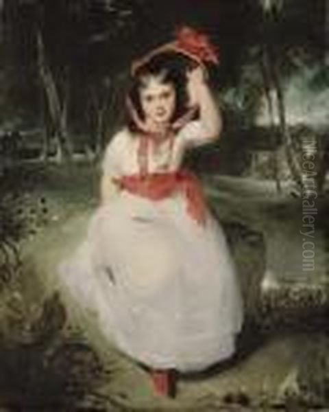 'the Woodland Maid': Portrait Of
Miss Emily De Visme (1787-1873), Full-length, Seated In A Wooded
Landscape, In A White Dress With A Pink Sash And A Straw Bonnet With Red
Ribbons - view 1