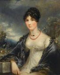 Portrait Of A Lady, 
Half-length, In A White Dress With A Blue Shawl And A Coral Necklace
