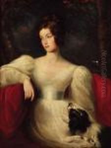 Portrait Of A Lady, 
Three-quarter-length, In A White Dress, Seatedwith A Dog By Her Side, In
 A Landscape