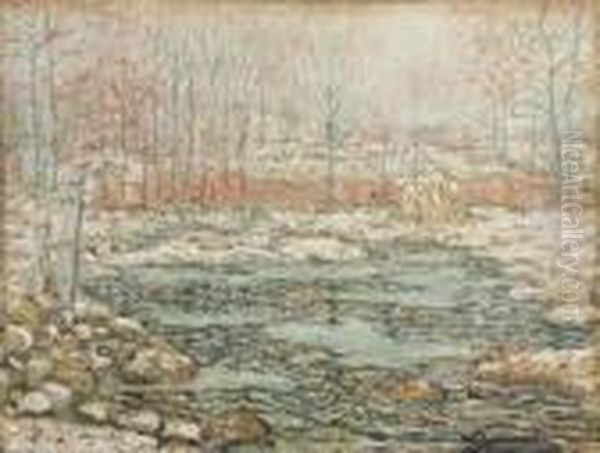 Impressionistic Winter Landscape With Stream, Haystack And Distant Buildings - view 1