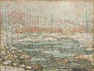 Impressionistic Winter Landscape With Stream, Haystack And Distant Buildings by Ernest Lawson