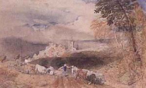 Hilly Landscape with Farmers Ploughing by Samuel Palmer