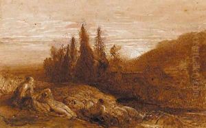 Figures resting on a bank above a river at sunset by Samuel Palmer