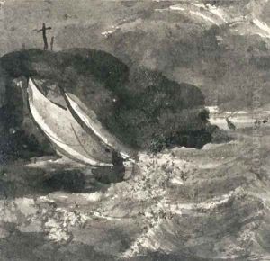 A sailing vessel in a squall off a headland by Samuel Palmer