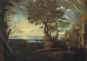 A Classical Landscape With Figures Resting On A Bridge