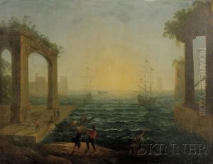 Harbor Scene With Figures And Classical Ruins by Claude Lorrain (Claude Gellee)
