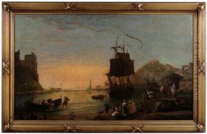 "italianate Harbor With Ship And Fishermen" "italianate Harbor With Ship And Fishermen"