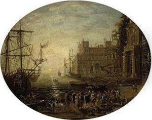 An Architectural Capriccio With Figures Conversing At Sunset