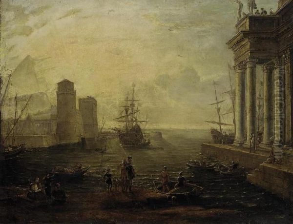 A Capriccio Of A Mediterranean Port With Classical Figures Atsunset - view 1