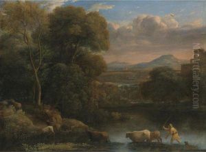 An Italianate Landscape With A 
Drover And His Dog Driving Hiscattle Across A Ford, A Waterfall Beyond by Claude Lorrain (Claude Gellee)