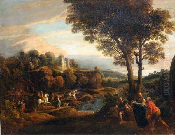 Bewaldete Flusslandschaft Mit Christi Gang Nach Emmaus Und Zahlreicher Figurenstaffage - view 1