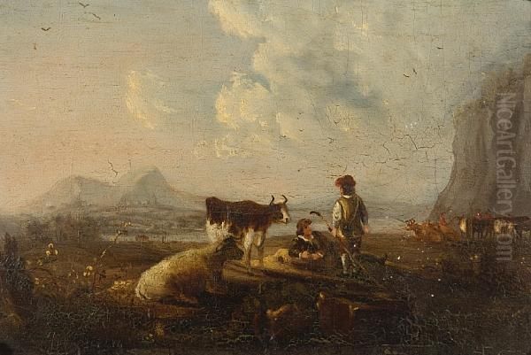 Cattle Watering At A Ford With Figures In An Extensive Landscape - view 1