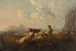 Cattle Watering At A Ford With Figures In An Extensive Landscape