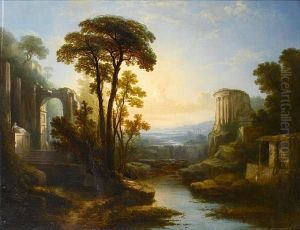 An Extensive Italianate Landscape With The Temple Of Vesta Beside A Waterfall