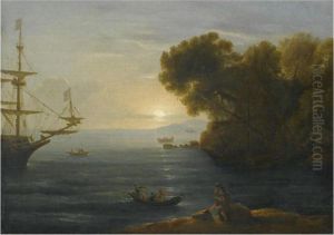 A Mediterranean Coastal Scene With An Artist Sketching In Theforeground