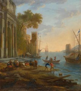 Mediterranean Harbour Landscape With Architectural Motif Andfishermen At The Shore.